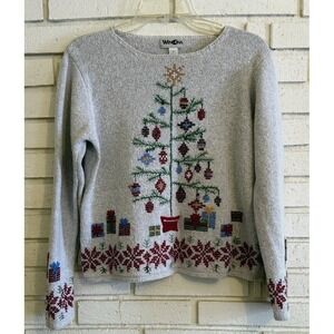 Vtg Winona Christmas Tree Crewneck Sweater Tan  Womens Size Medium Linen/Cotton